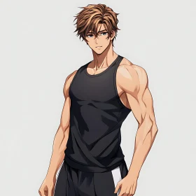 Anime Character with Muscular Build in Workout Attire