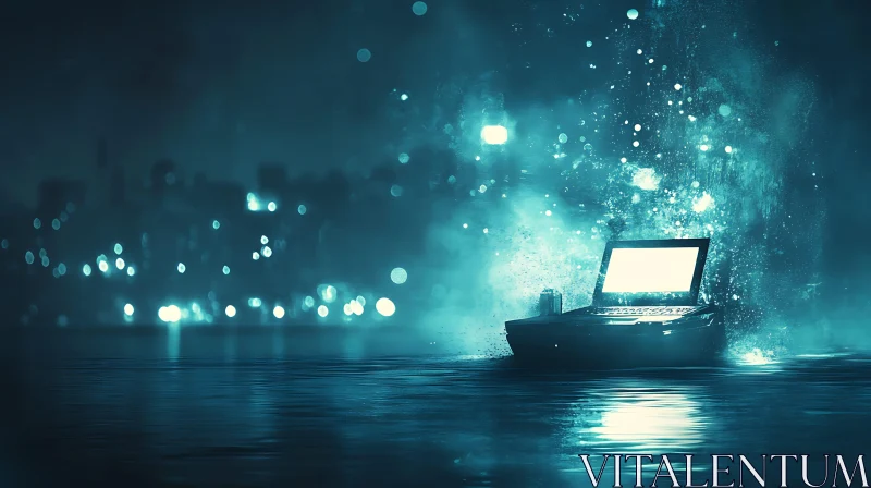 Glowing Laptop on Water at Night