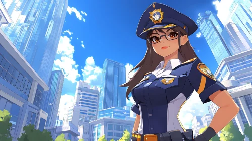 Vigilant Anime Policewoman in Urban Environment