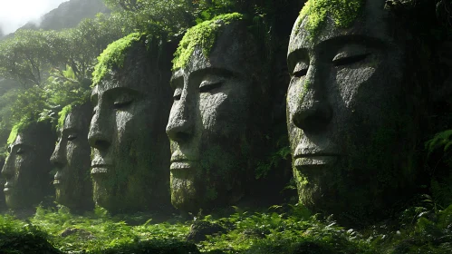 Moss-Covered Stone Faces in Tranquil Forest