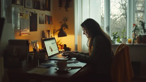 Cozy Workspace with Smiling Woman