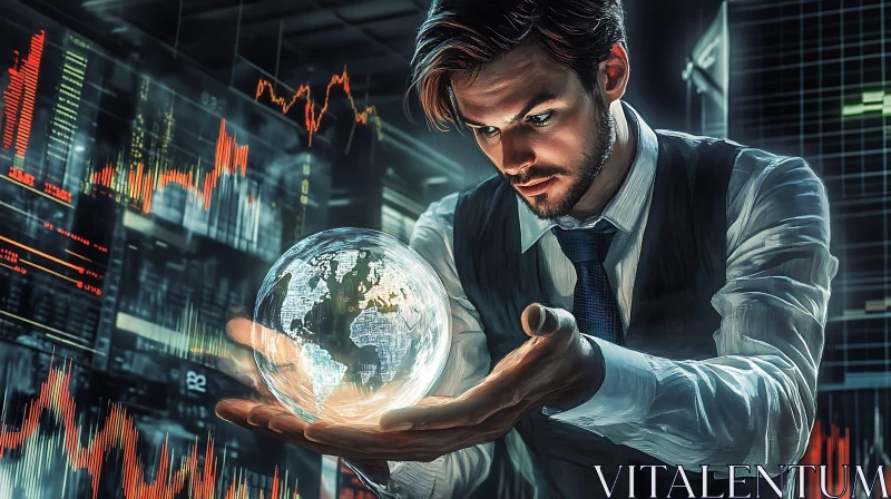 Man with Globe and Financial Data