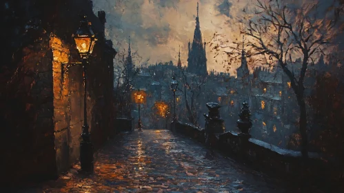 Illuminated Cobblestone Path at Night