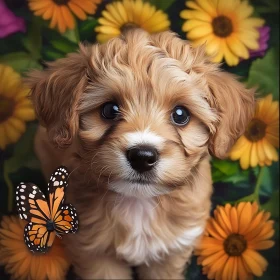 Puppy Surrounded by Flowers and Butterfly