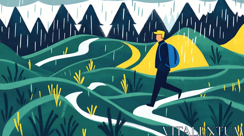 Hiking in the Rain Illustration