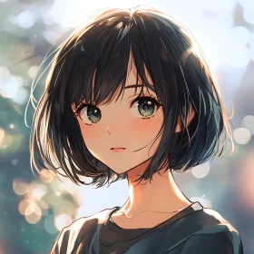 Enchanting Anime Girl with Short Black Hair - Digital Art