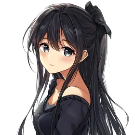 Anime Character Design with Black Hair and Ribbon