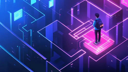 Isometric Neon Maze with Character