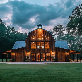 Twilight Barn with Warm Lights and Scenic Countryside