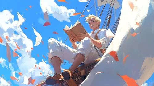 Joyful Sailor Enjoying a Book Amidst the Clouds