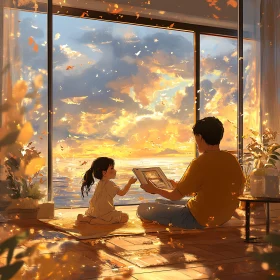 Tranquil Sunset Scene with Father and Daughter