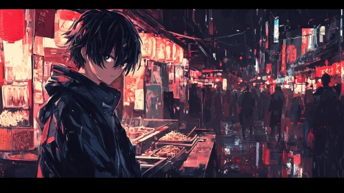Mysterious Anime Figure in Night Market