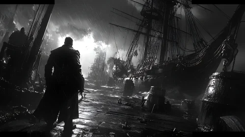 Dark Seascape with Ships and Figure