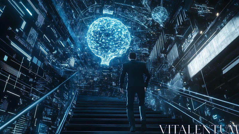 Man Climbing Stairs to Digital Brain