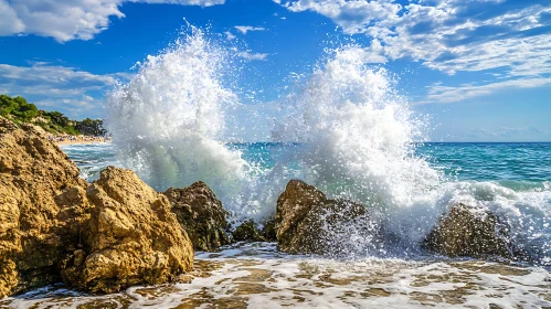 Seascape with Wave Crashing on Rocks