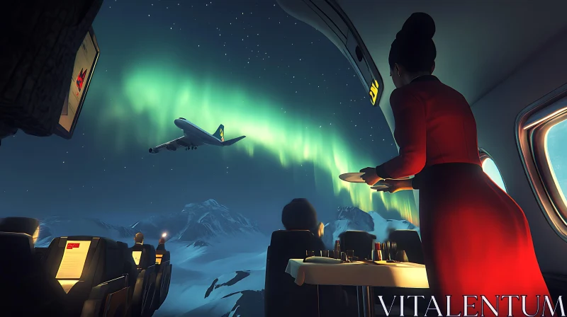 Airplane Cabin View of Northern Lights AI Image