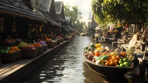 Traditional Floating Market with Colorful Produce