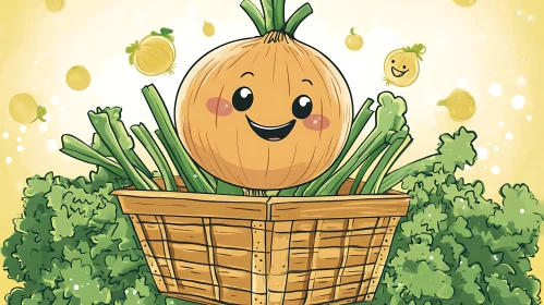 Cartoon Onion Character in a Basket