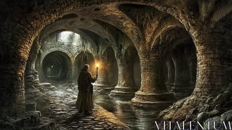 Underground Tunnels with Person Holding Torch