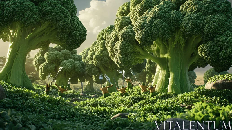 Whimsical Broccoli Trees and Fork Warriors