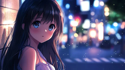 Anime Girl with Long Hair in a Nighttime Urban Setting