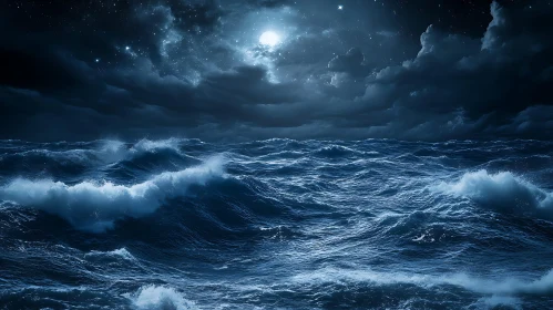 Nocturnal Ocean Storm with Starry Sky