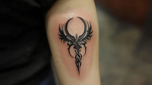 Stylized Winged Figure Tattoo Art