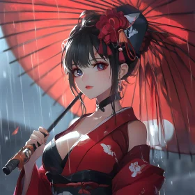 Anime Lady in Red Kimono Under Rain