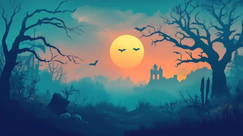 Spooky Halloween Night Scene with Bats