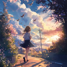 Tranquil Anime Sunset with Girl and Birds