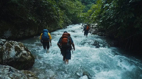 Backpackers Trekking Through Rushing River