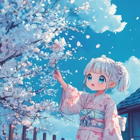 Traditional Japanese Scene with Anime Girl and Cherry Blossoms