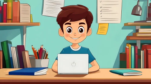 Cartoon Boy Studying with Computer