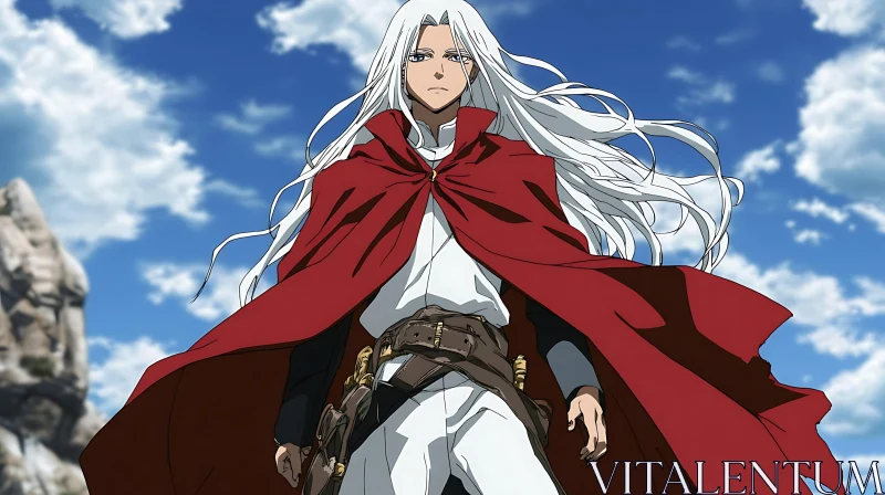 Anime Hero with White Hair and Red Cloak