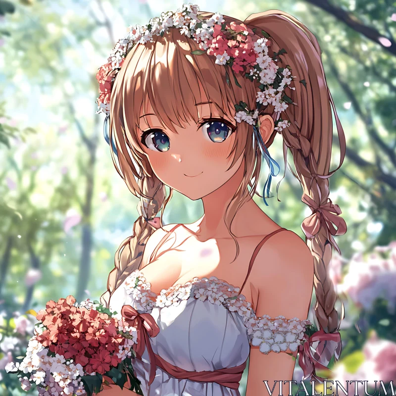 Anime Girl with Floral Crown in Sunlit Forest