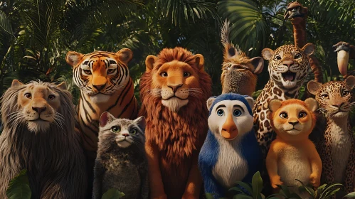 Cartoon Animals in Lush Jungle