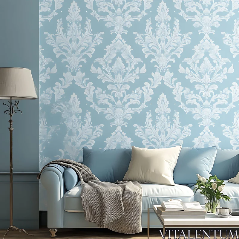 Floral Wallpaper and Blue Sofa AI Image