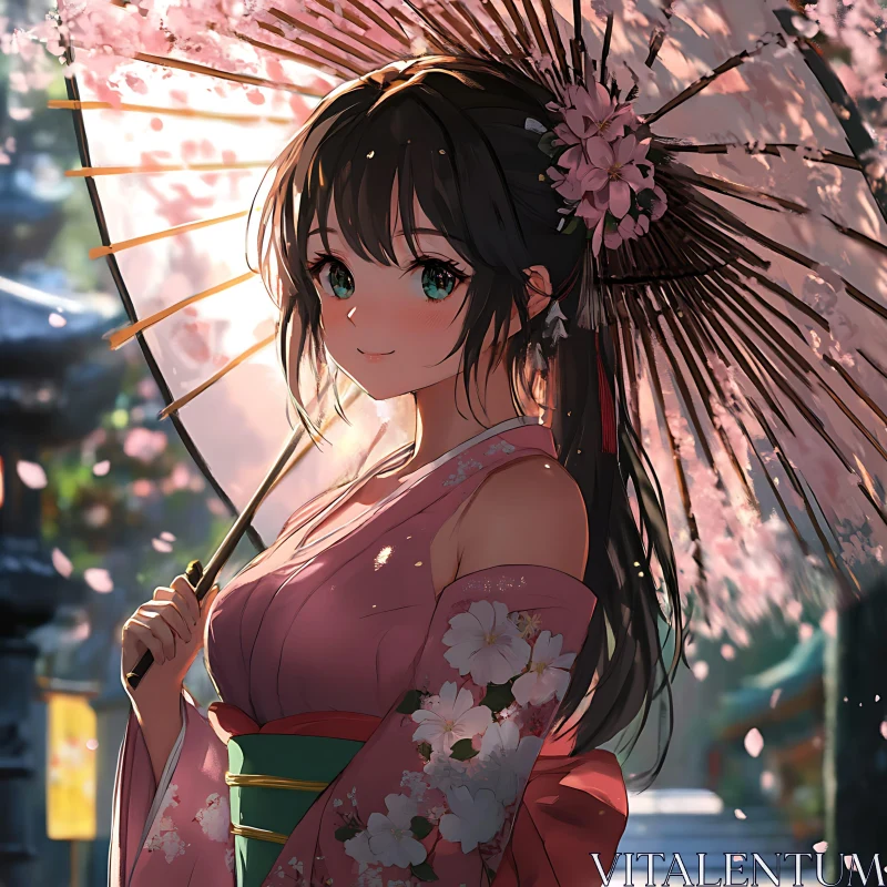 Cherry Blossom Anime Scene with Kimono-Clad Girl AI Image