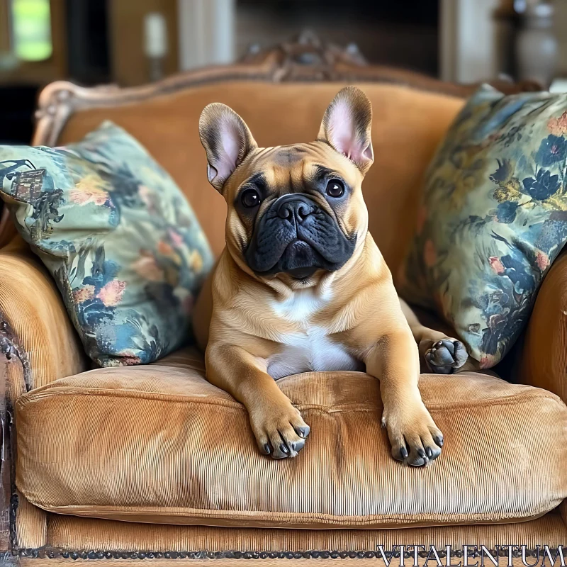 French Bulldog on Antique Chair with Floral Cushions