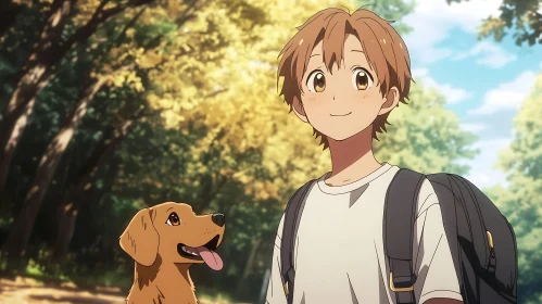 Cheerful Anime Boy and Dog in Nature