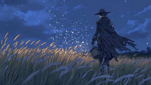 Figure in Field Under Starry Sky