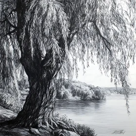 Monochrome Willow Tree by the Water