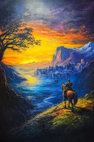 Lone Rider at Sunset Overlooking City