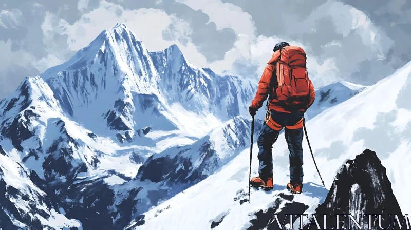 Mountain Climber Illustration with Snowy Peaks