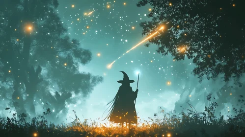 Mystical Night Scene of Witch in Forest