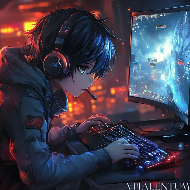 Engaged Anime Character in Gaming Setup