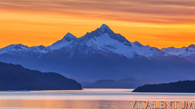 Snowy Mountains and Golden Sky Reflection AI Image