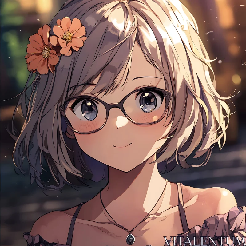 Cute Animated Girl Smiling with Flowers in Hair AI Image