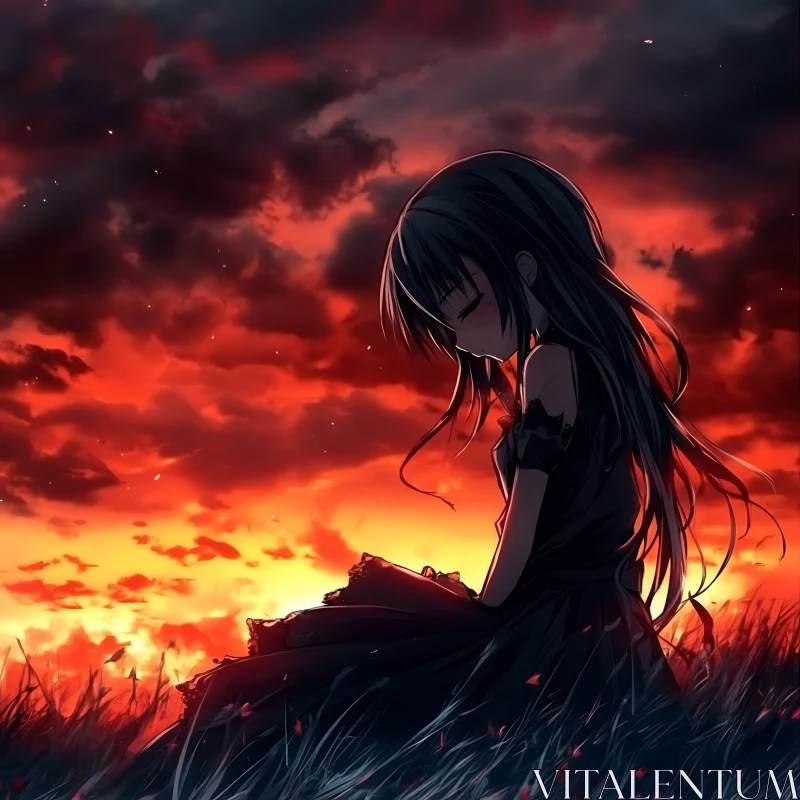 Melancholy Anime Girl in Fiery Sunset AI Image