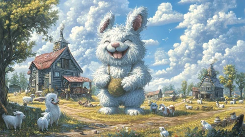 Whimsical Farm Scene with Smiling Rabbit